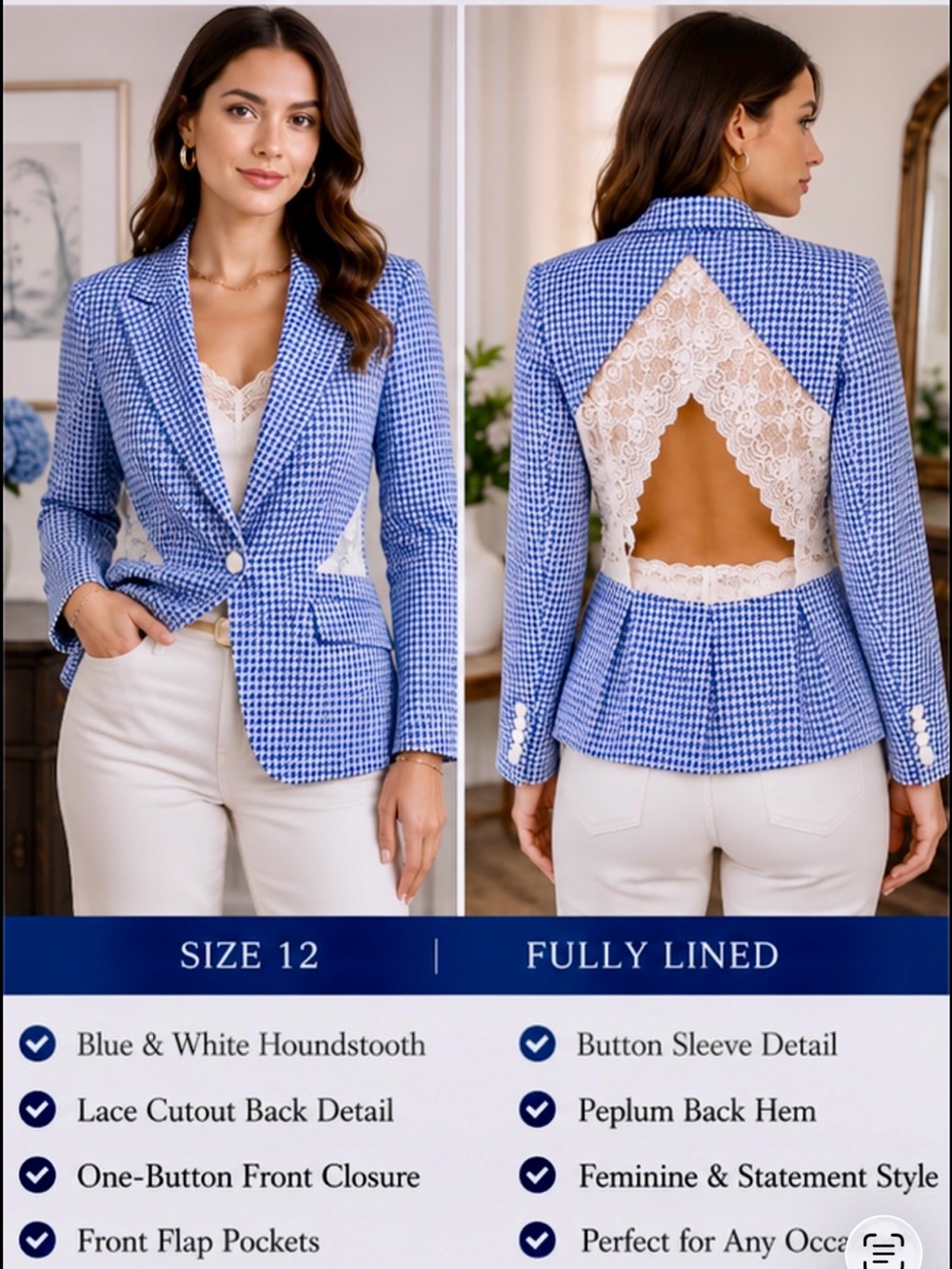 Kensie Blue & White Gingham Lace-Trim Blazer Cut out Back Statement  Wool SZ 12